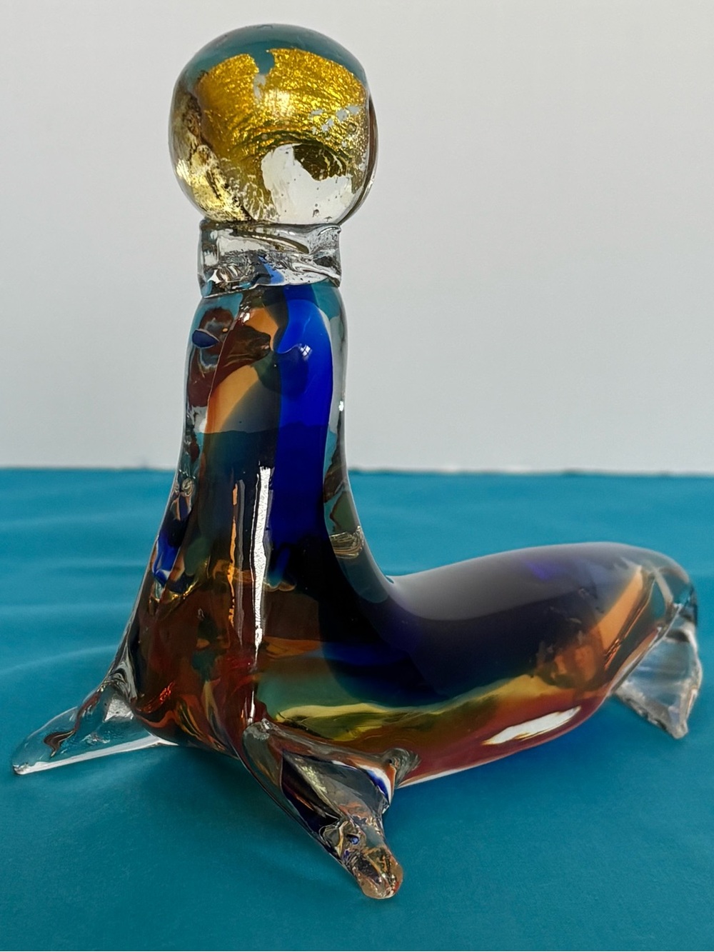 Handblown Multicolor Glass Seal Sculpture with Gold Accent